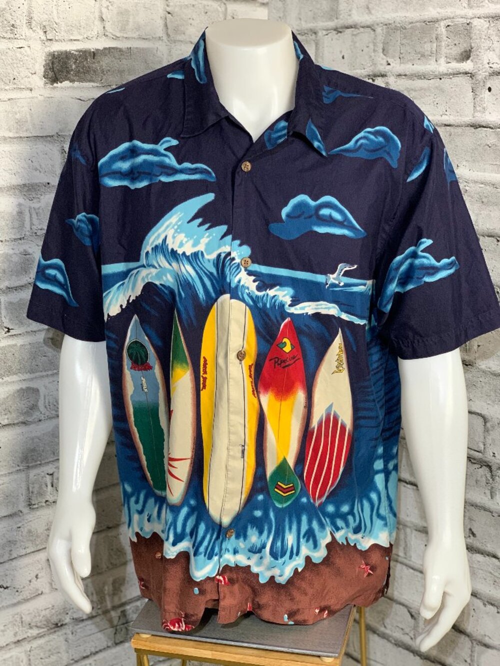 Vintage Bill Blass Hawaiian Shirt Men XL Navy Casual Surf Short Sleeve Button Up